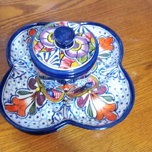 Serving Set~Chips & Dip/Appetizers/Toppings~Floral~Made In Mexico~Lead Free - Picture 7 of 14